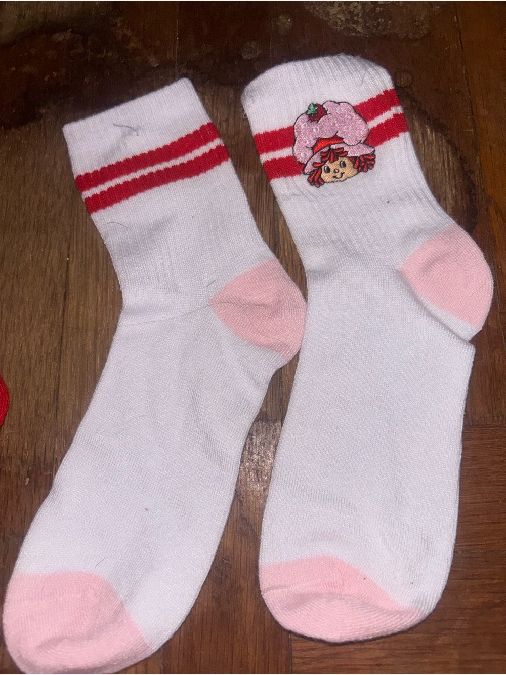 White Crew Socks with Pink Accents and Strawberry Character